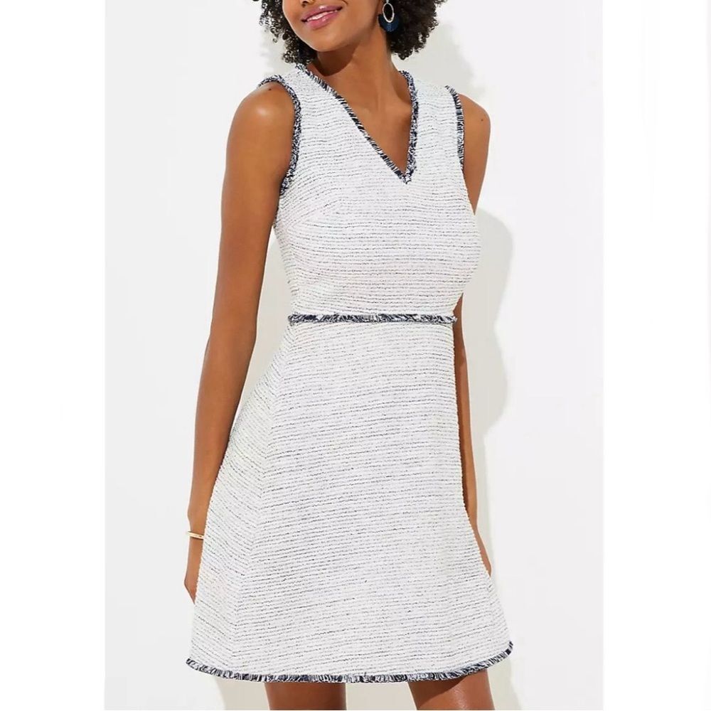 LOFT Fringe Boucle Flare Dress Navy Blue and White Size 8